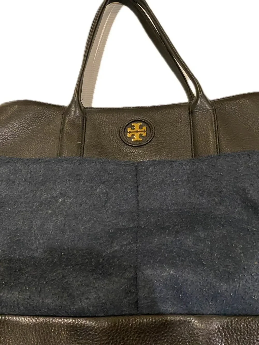 Tory Burch Tote:  Black with Navy Blue Fabric